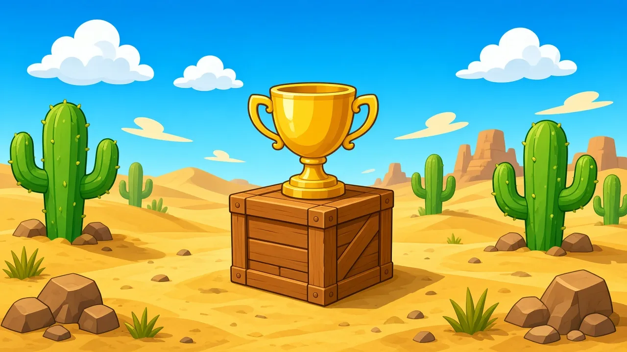 Brawl Stars trophy push service by a pro player – cartoon gold trophy on a wooden crate in the desert