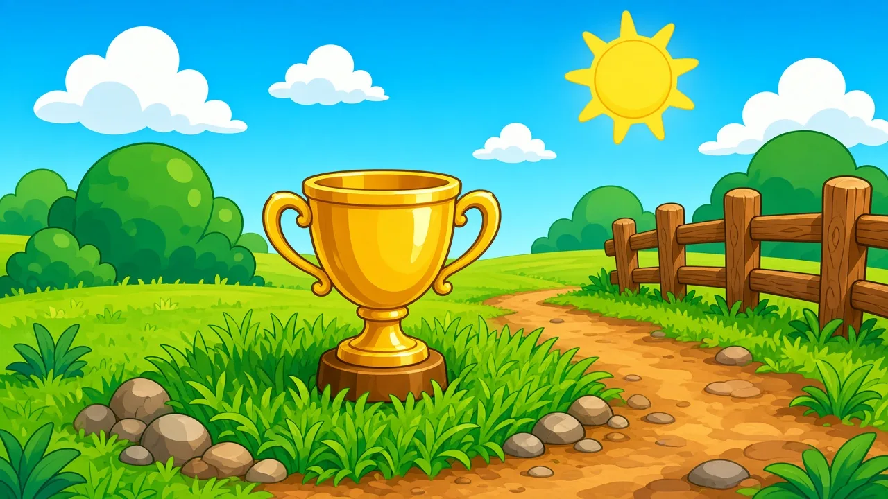 Brawl Stars ranked win pack with a pro player – cartoon gold trophy standing on green grass