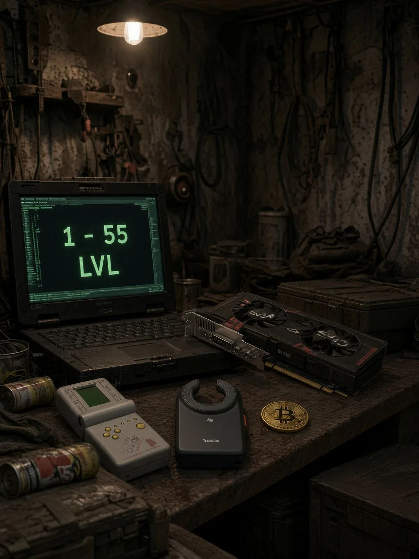 Escape from Tarkov PMC leveling service by a pro player - hideout desk with LEDX, graphics card, Tetriz, bitcoin and a laptop showing 1-55 LVL
