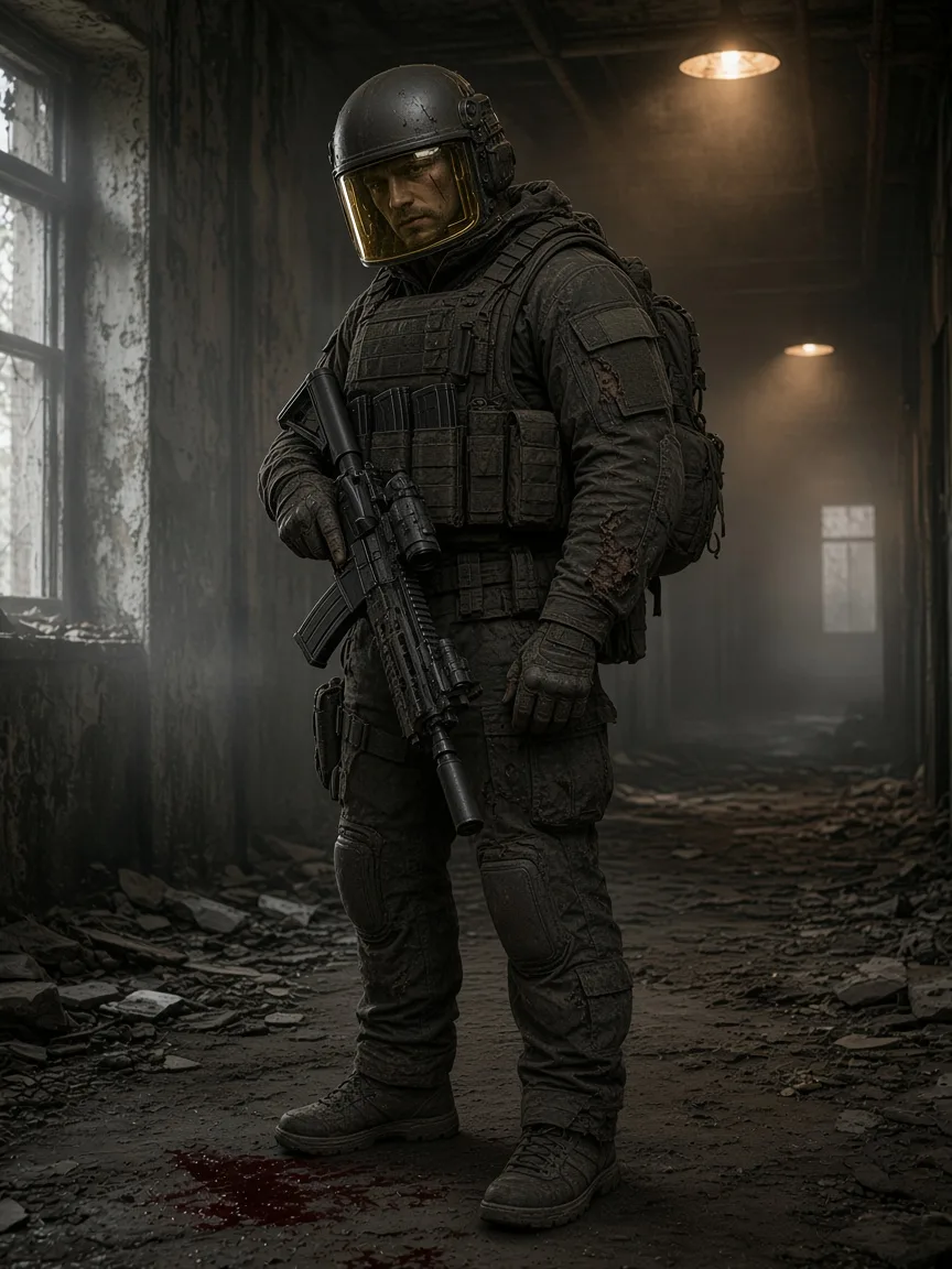 Escape from Tarkov Trader Crown service by a pro player - PMC in a visor helmet and slick armor with a suppressed rifle
