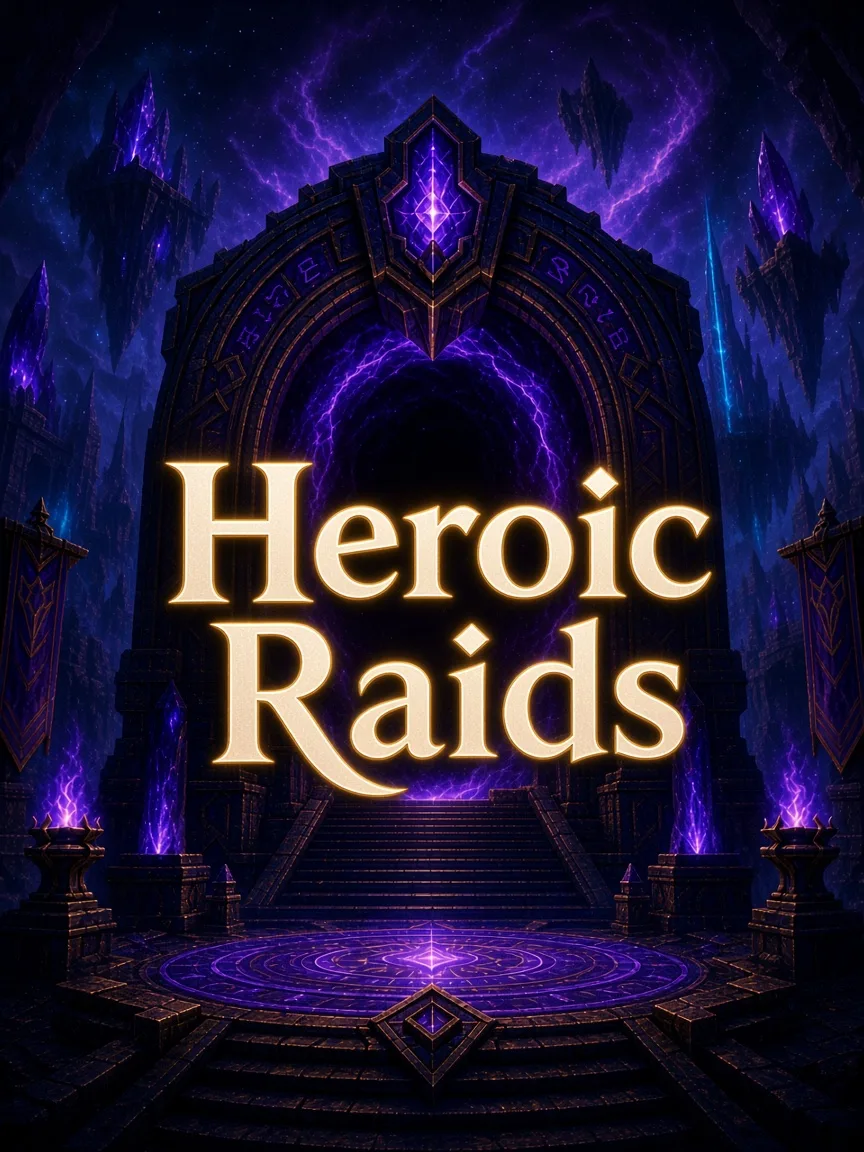 World of Warcraft Heroic Raid Service by a pro player: purple void portal with the words Heroic Raids